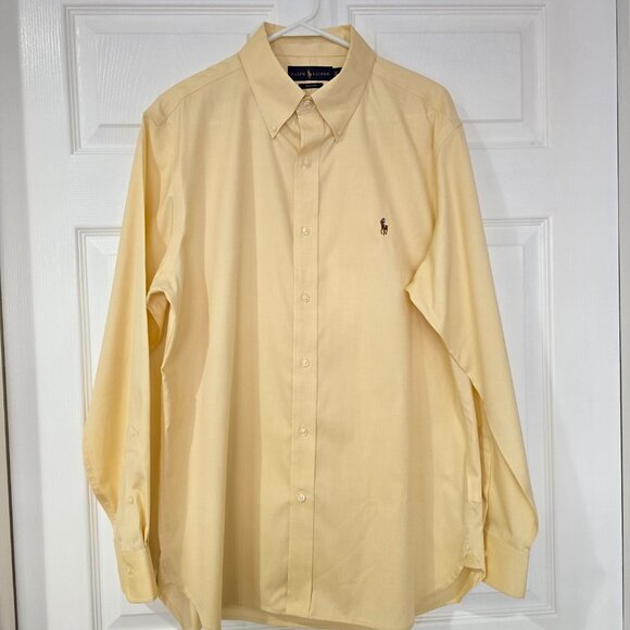 Ralph Lauren Mens Easy Care Long Sleeve Button Up Shirt Yellow Cotton 16.5 34/35 - Picture 2 of 8